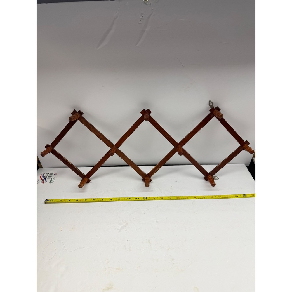 Vintage Wood Accordion Wall Rack 10 Peg Expandable Hat Coat Mug Hanger Brown